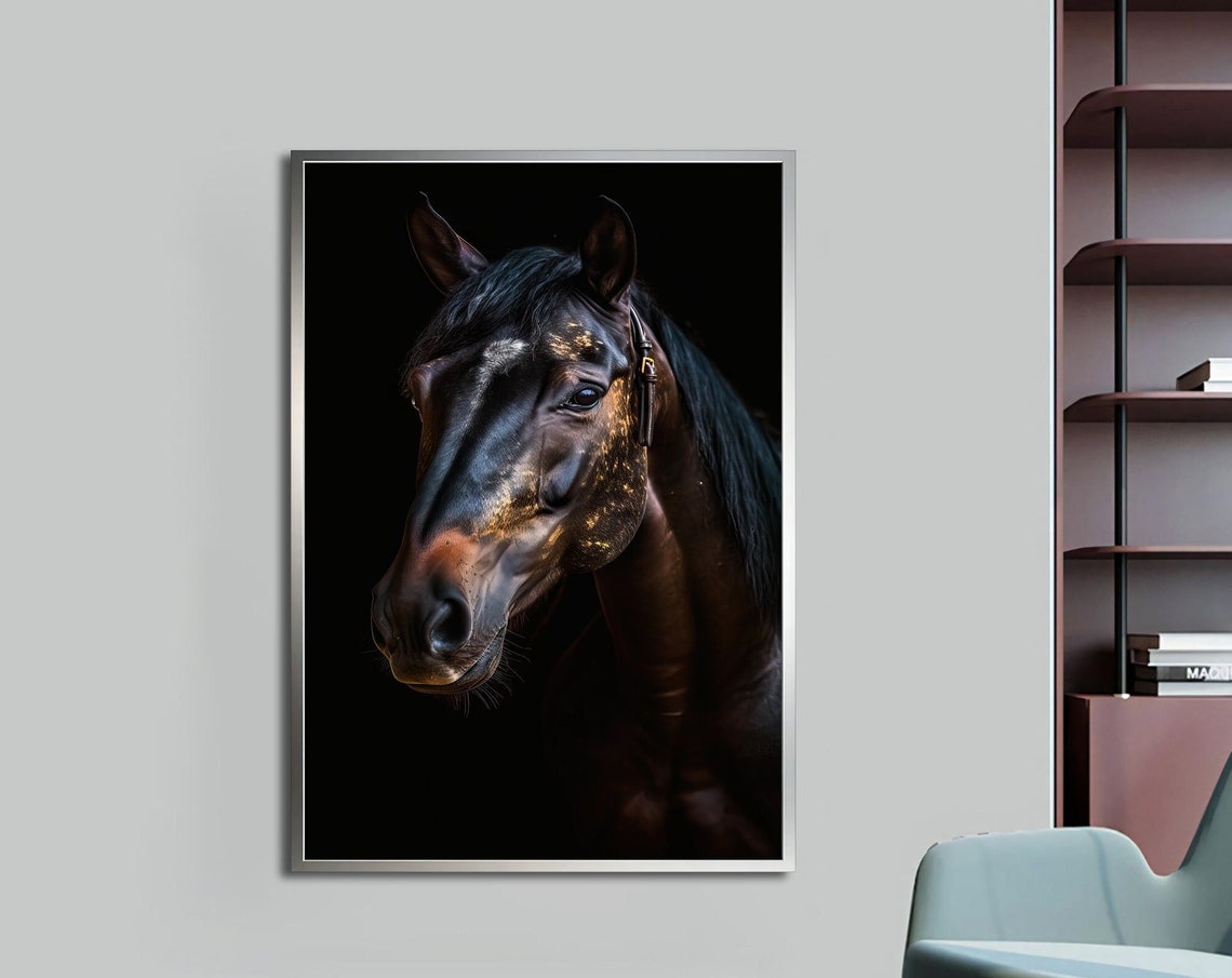 Dark Horse Head Portrait Dramatic Black Golden Light Art Print
