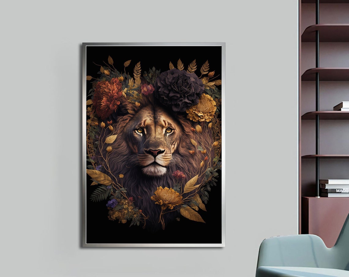 Lion Face Surrounded By Dark Floral Bloom Crown Burgundy Poster
