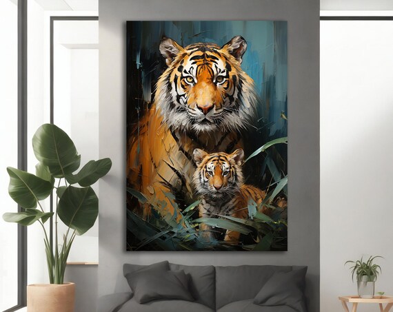 Tiger And Cub Jungle Teal Portrait Big Cat Wildlife Painting Wall Art Poster