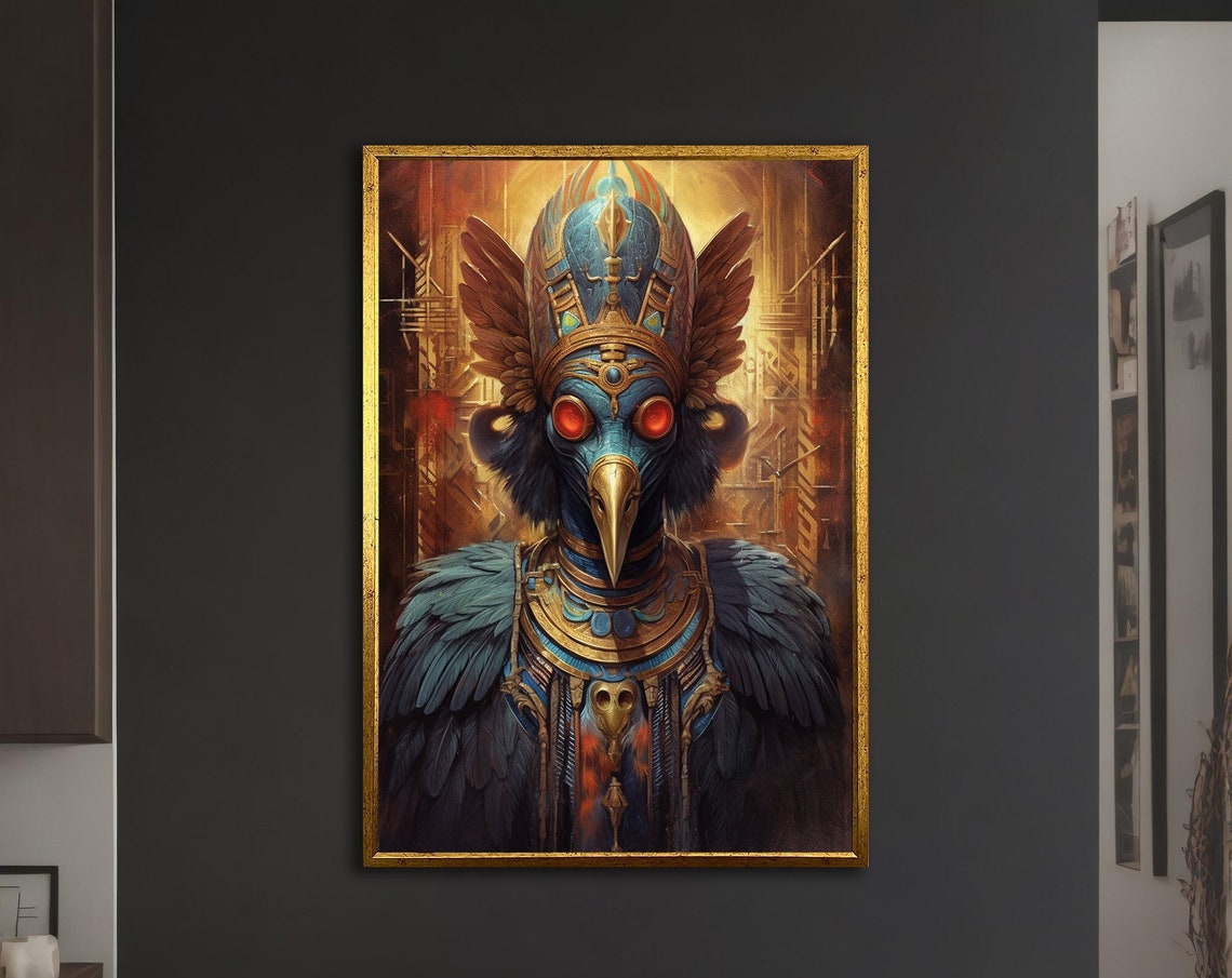 Masked Raven Bird Man Golden Egyptian Headdress Dark Fantasy Art Print