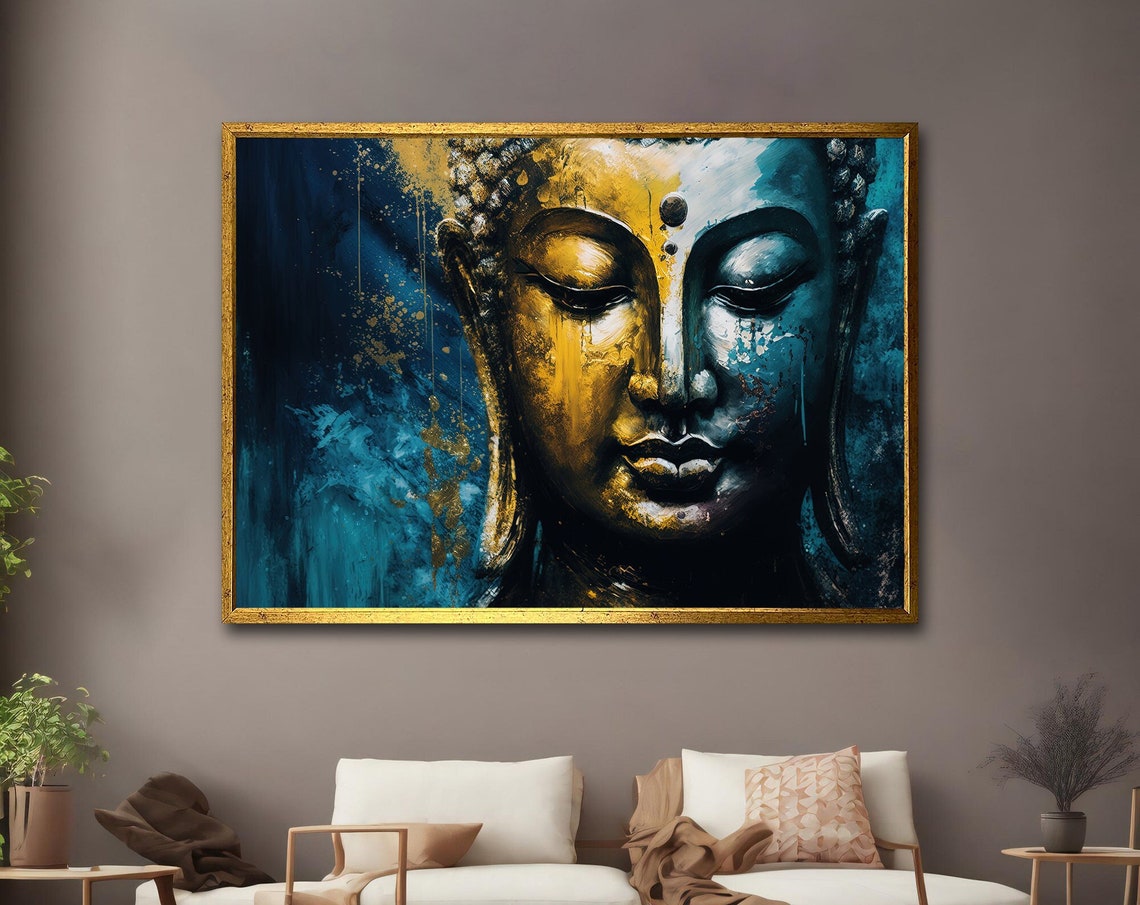Buddha Print Buddhism Art Religious Abstract Sculpture Blue Yellow Spiritual Wall Decor Modern Art