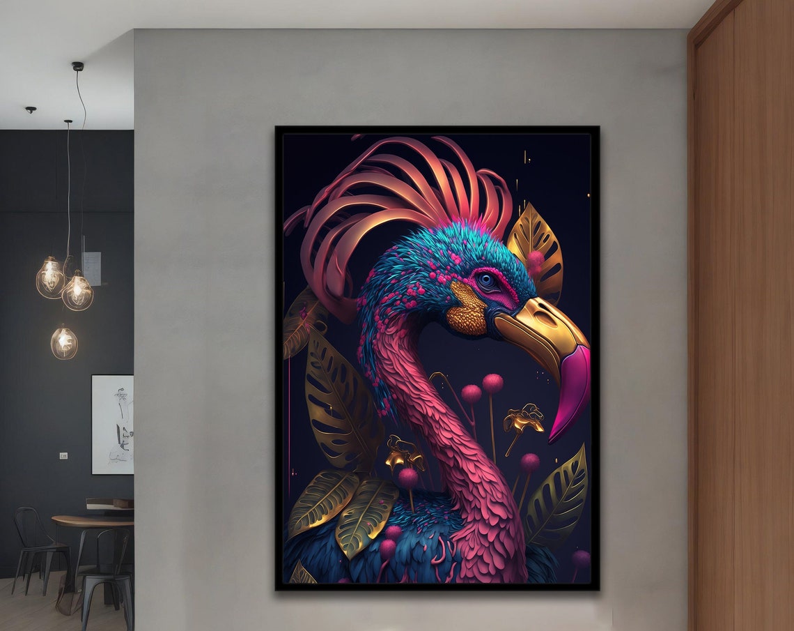 Colorful Flamingo Portrait Pink Teal Gold Feather Dark Navy Poster