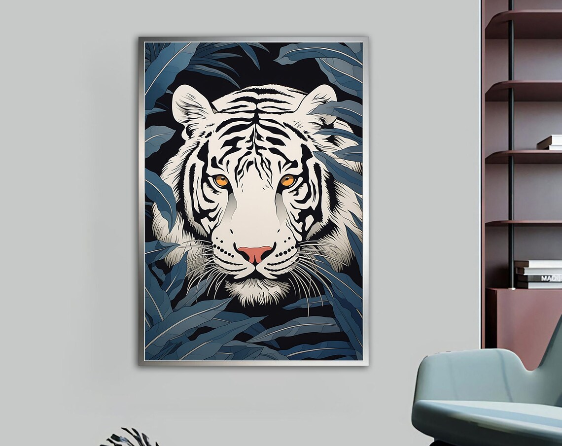 White Tiger Face Hidden In Dark Blue Tropical Leaves Art Poster