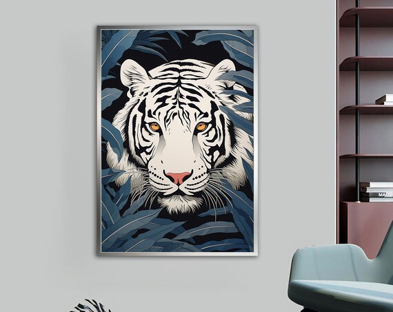 White Tiger Face Hidden In Dark Blue Tropical Leaves Art Poster