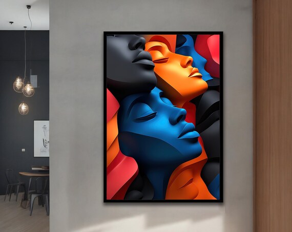 Colorful 3D Abstract Faces Blue Orange Black Modern Portrait Art Print