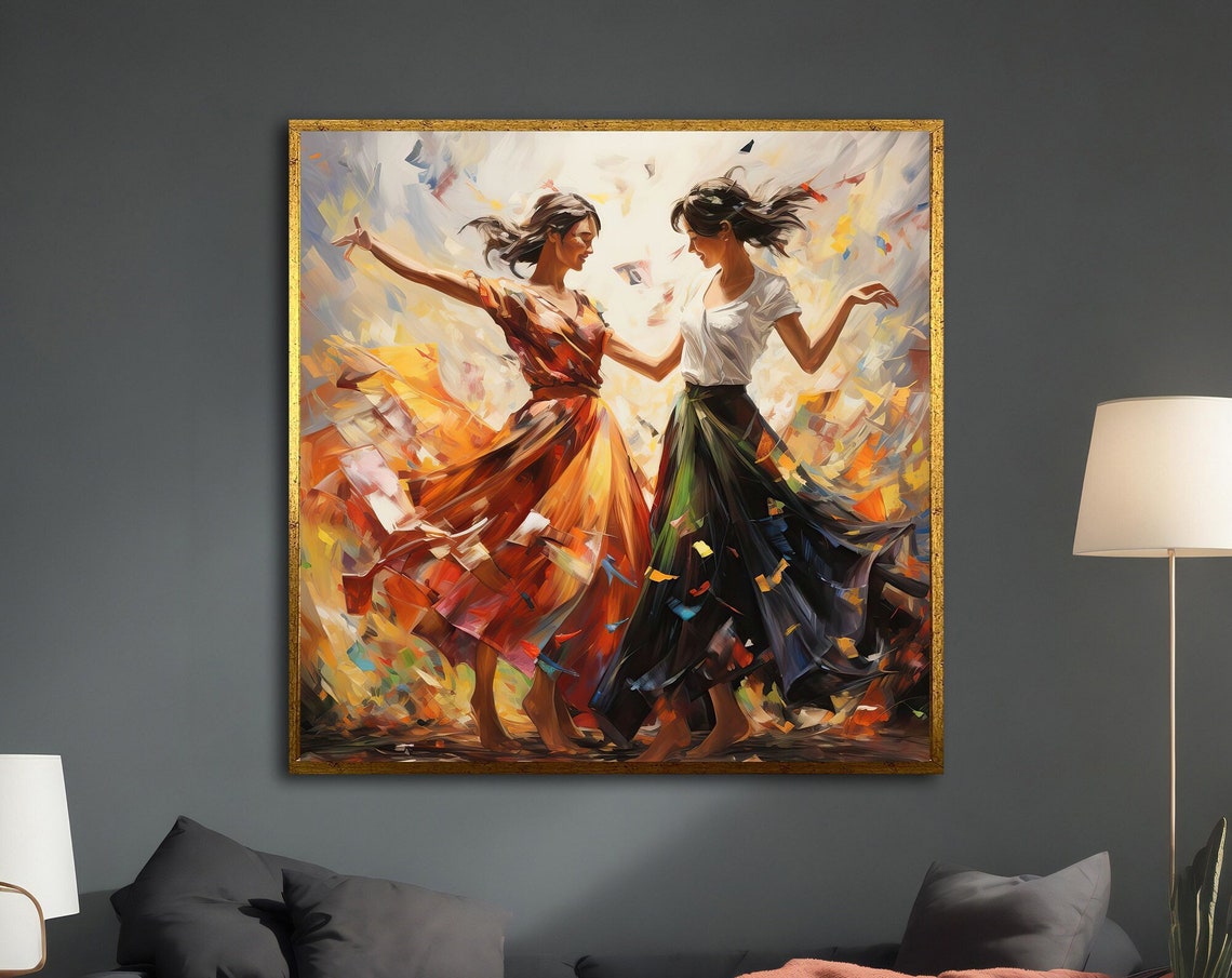Two Women Dancing Joyfully Flowing Skirts Colorful Movement Art Print