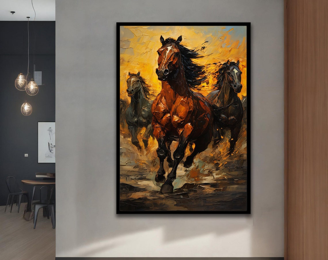 Three Horses Galloping Golden Fiery Sky Dramatic Oil Art Poster