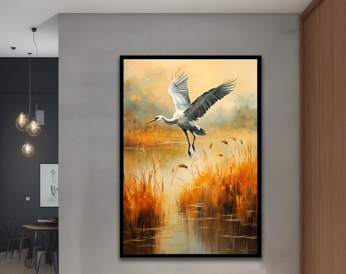 White Crane Flying Over Golden Autumn Marsh Reeds Nature Poster