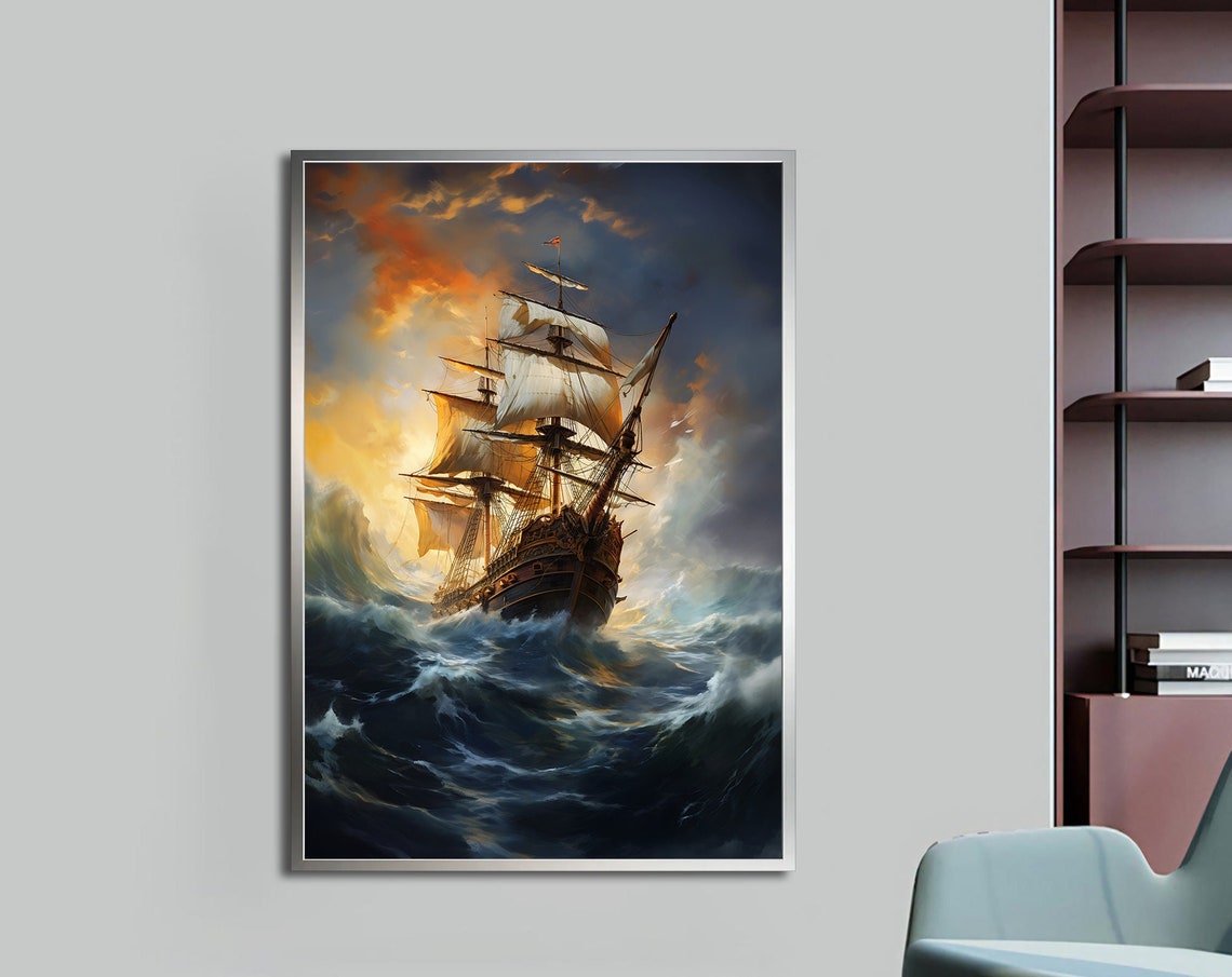 Tall Ship Stormy Golden Clouds Rolling Waves Dramatic Ocean Poster