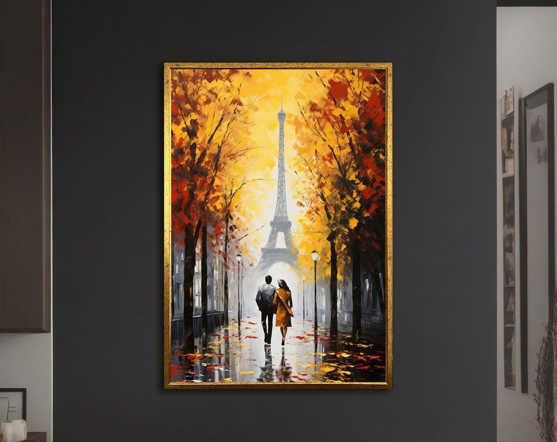 Paris Eiffel Tower Autumn Golden Leaves Romantic Couple Stroll Poster