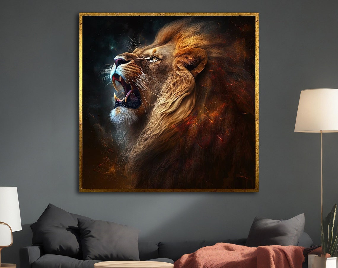 Roaring Lion Profile Fierce Mane Dark Ember Dramatic Animal Art Print
