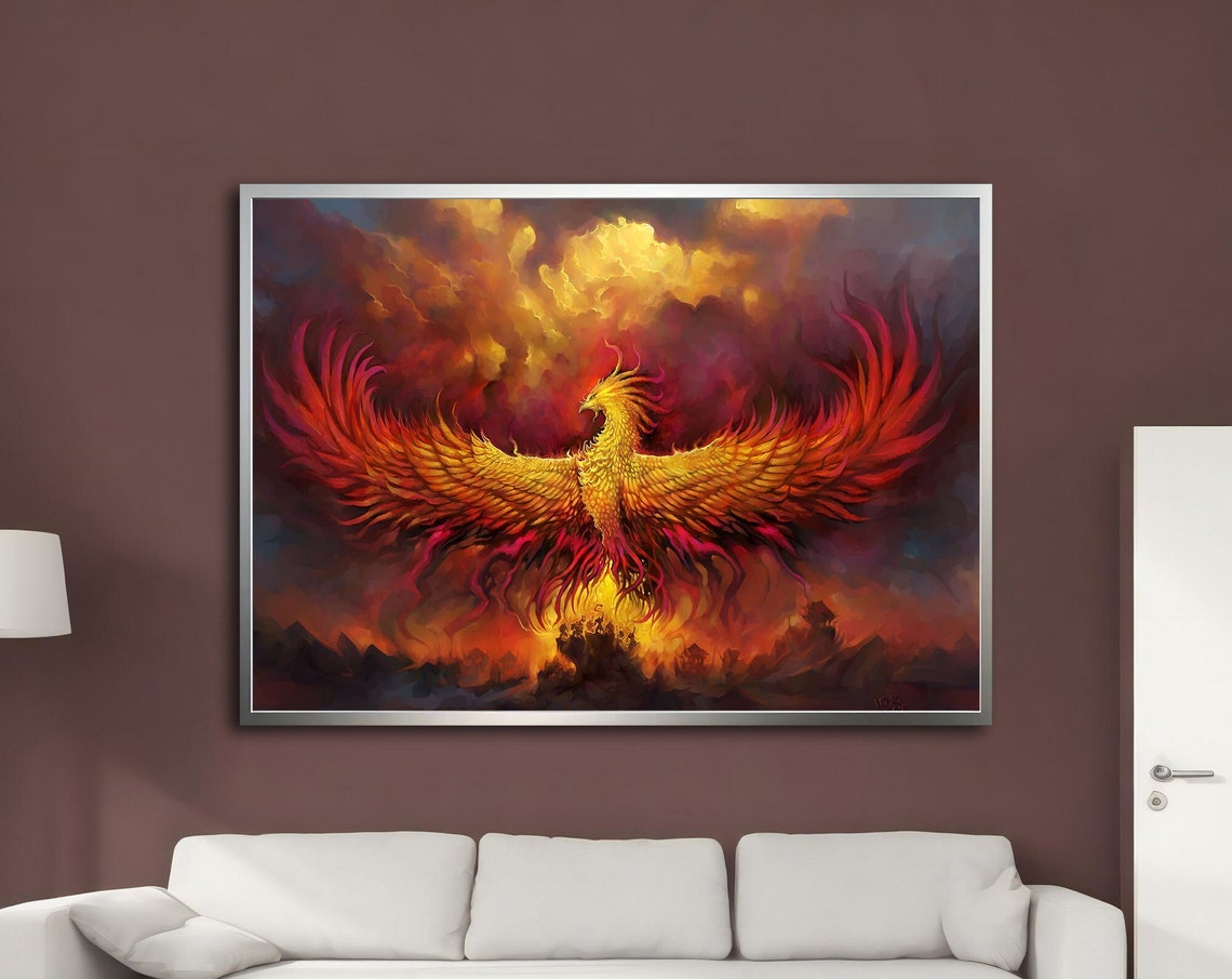 Golden Phoenix Rising Fiery Red Orange Storm Clouds Fantasy Poster