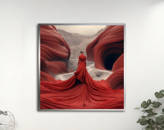 Woman Red Dress Surreal Flowing Red Canyon Desert Landscape Poster