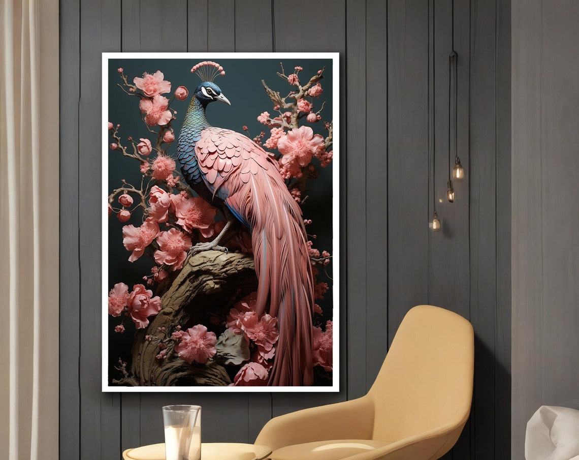 Pink Peacock Perched Cherry Blossom Branch Romantic Wall Art