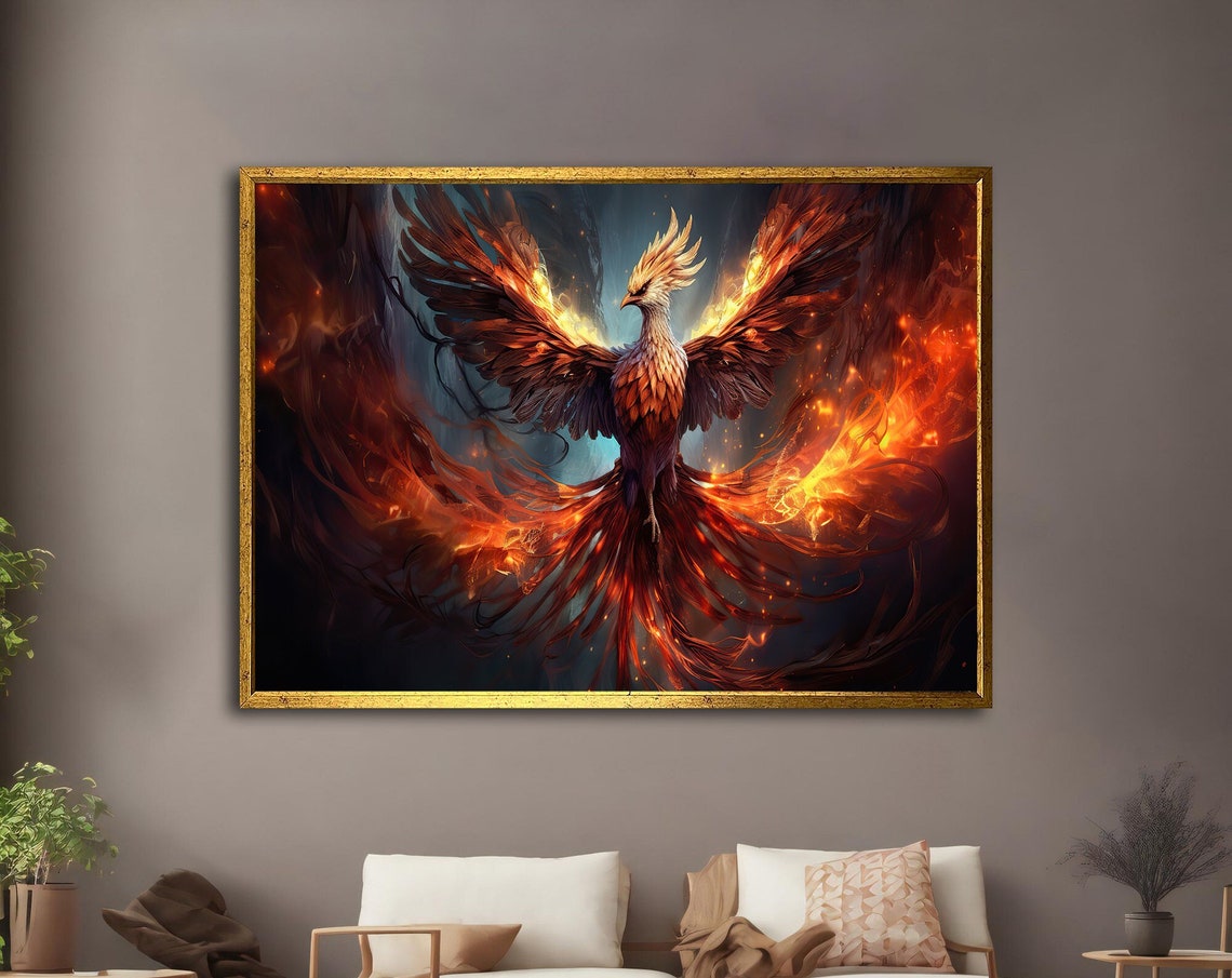 Fiery Phoenix Rising Bold Flame Wings Dark Sky Fantasy Art Poster