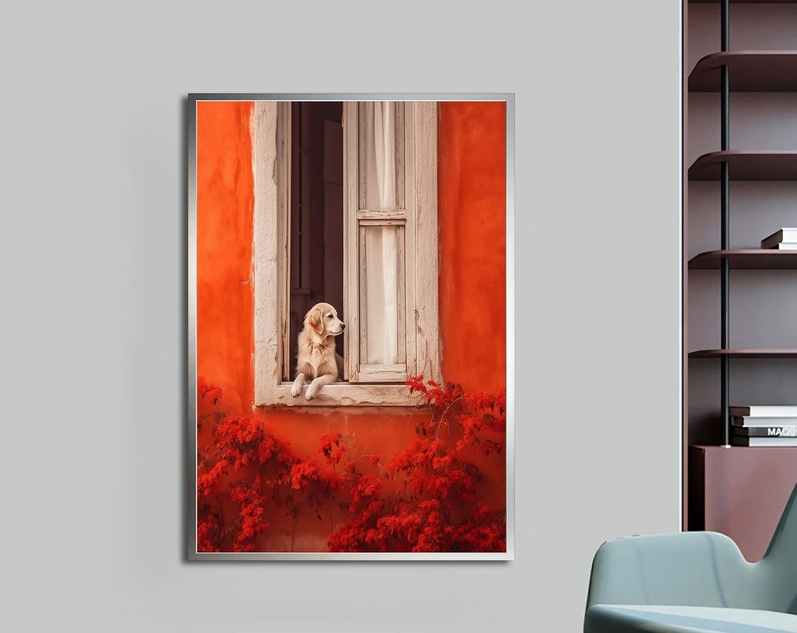 Golden Retriever Puppy Looking Out Window Orange Wall Photo Print