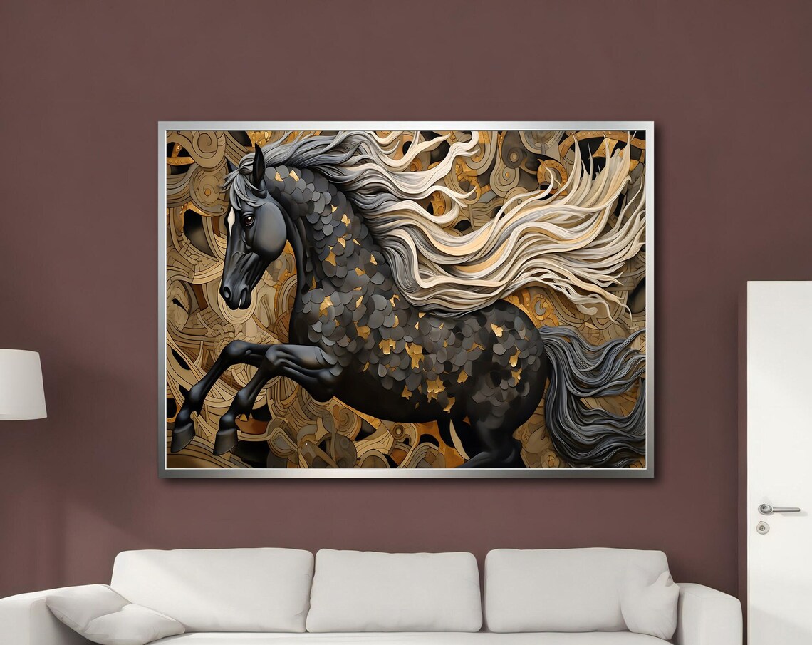 Black Gold Horse White Flowing Mane Golden Filigree Background Poster
