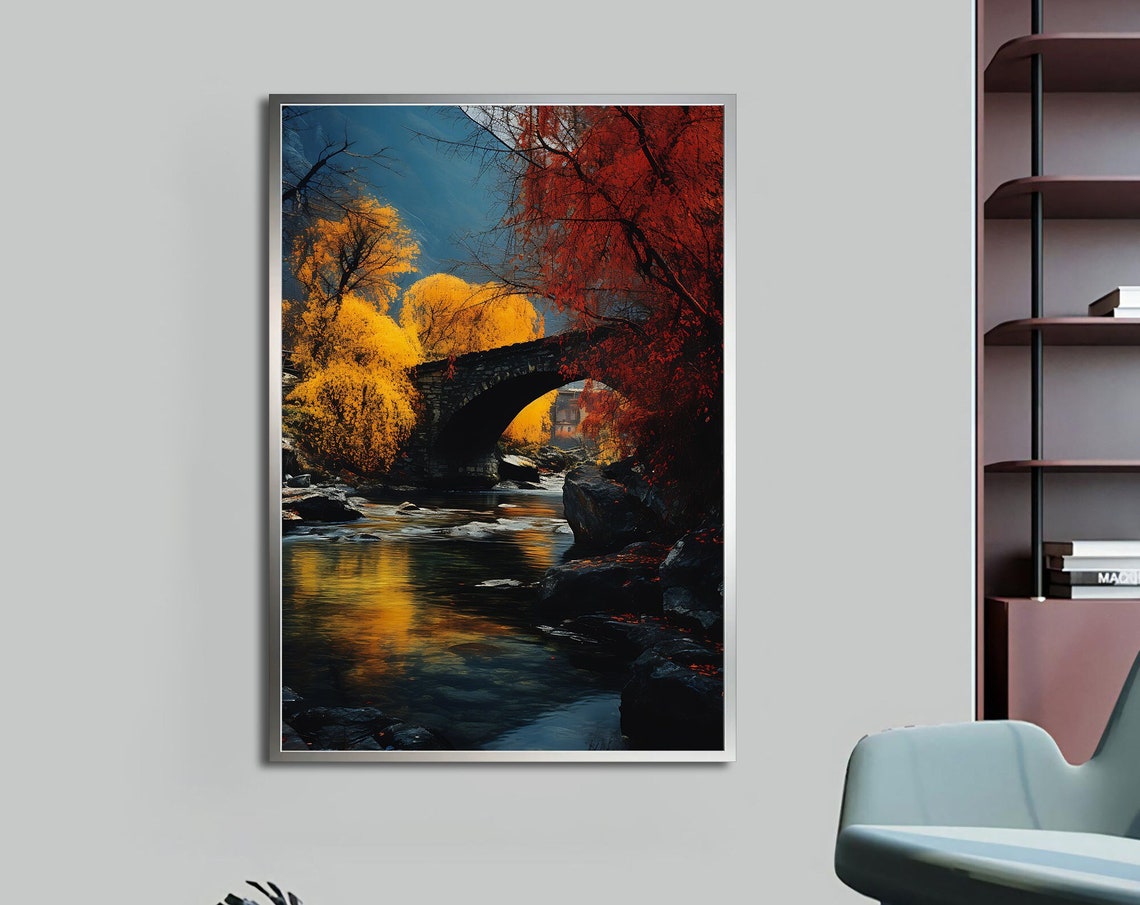 Stone Bridge Autumn River Gold Red Trees Mountain Nature Art Poster