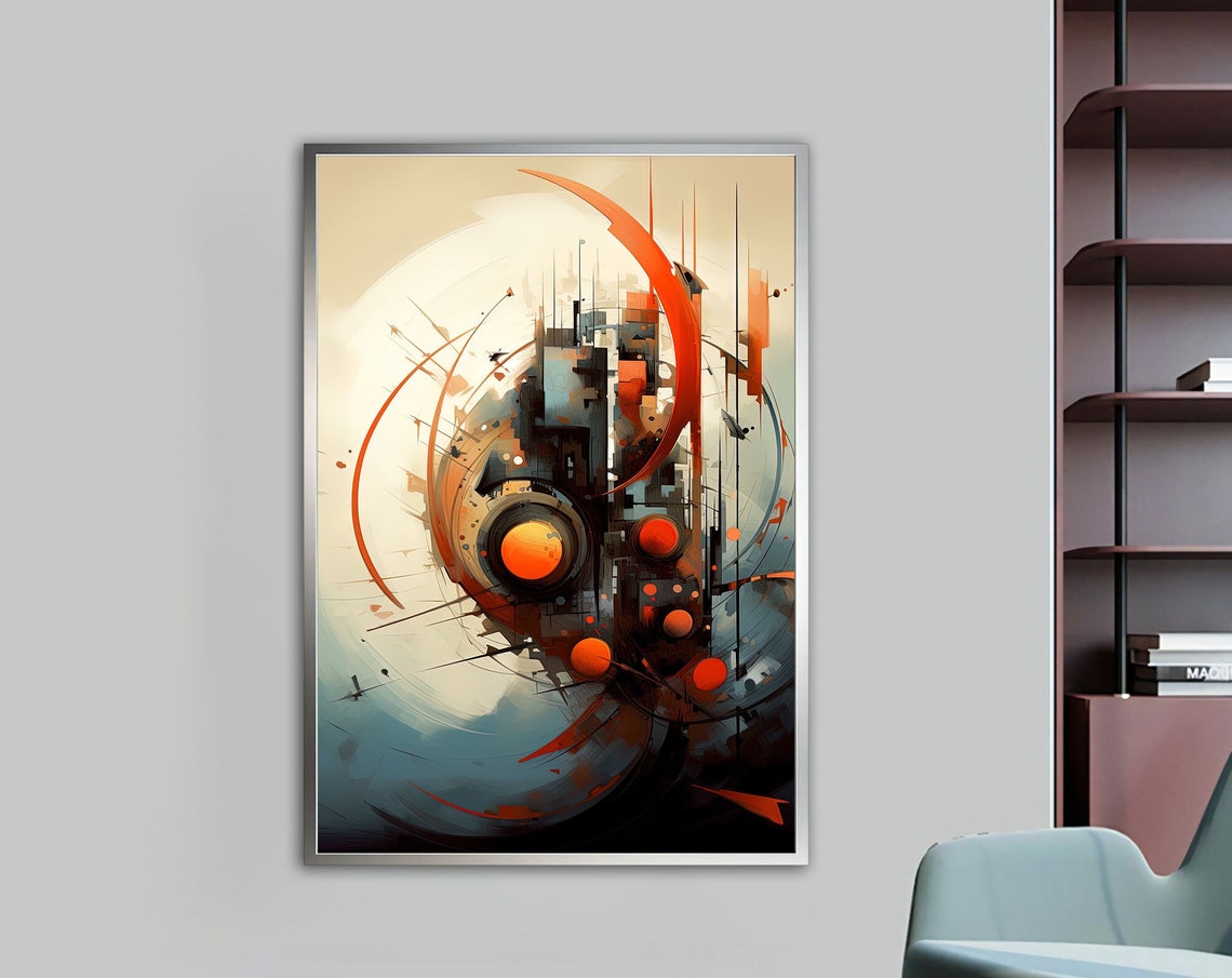 Abstract Futuristic Orange Arcs Circles Modern Geometric Wall Art