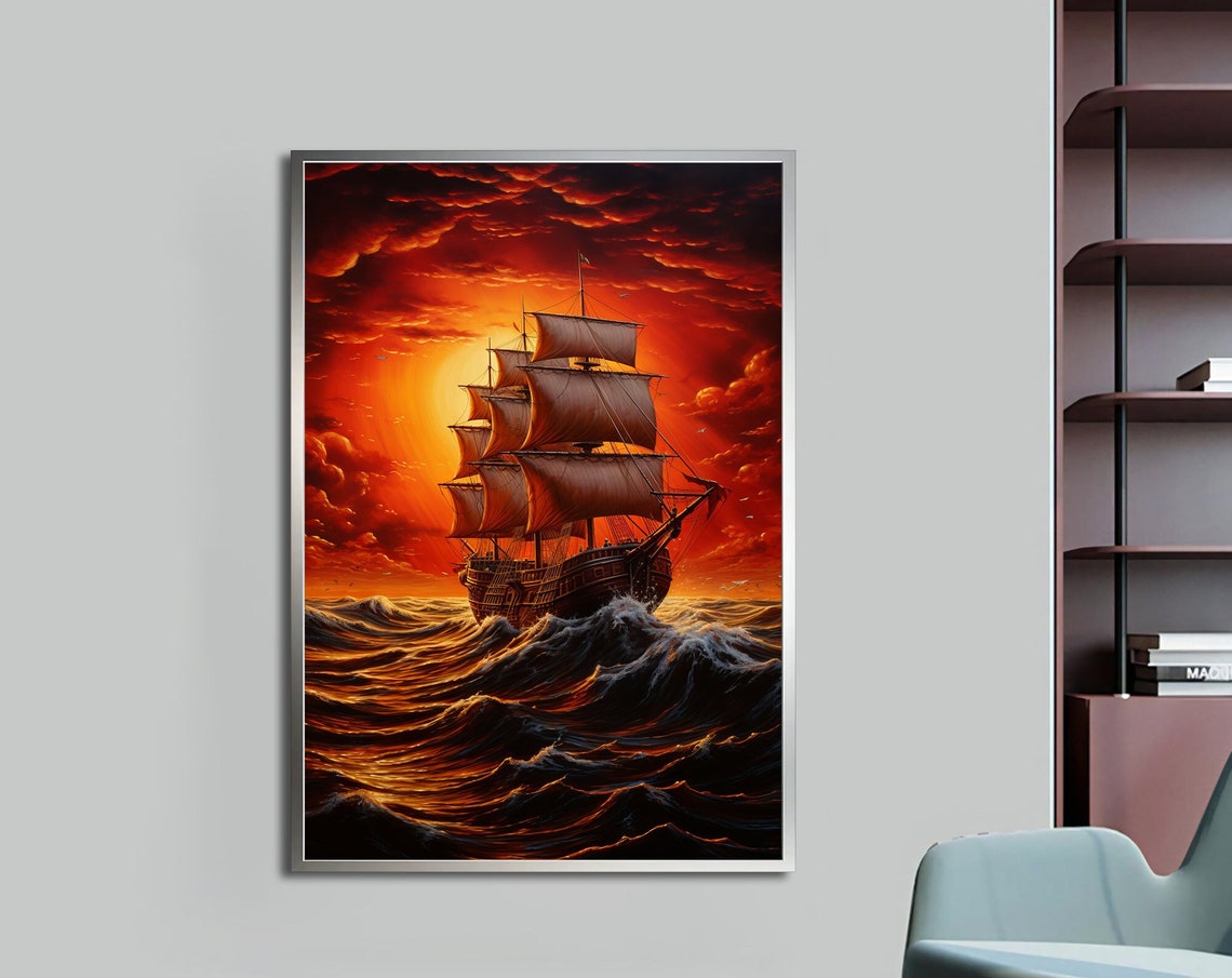 Tall Ship Glowing Sunset Behind Billowing Sails Ocean Waves Poster