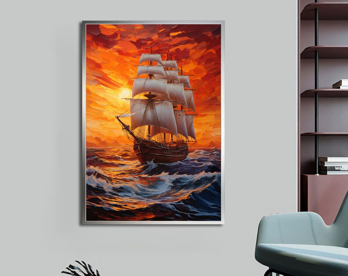 Tall Ship Fiery Red Orange Sunset Crashing Waves Ocean Art Poster