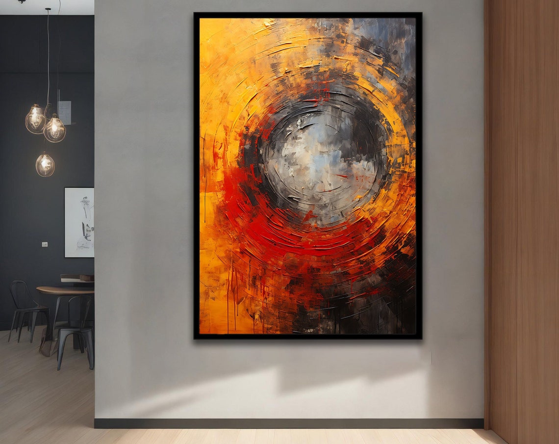 Fiery Abstract Swirl Circle Yellow Orange Red Textured Wall Art