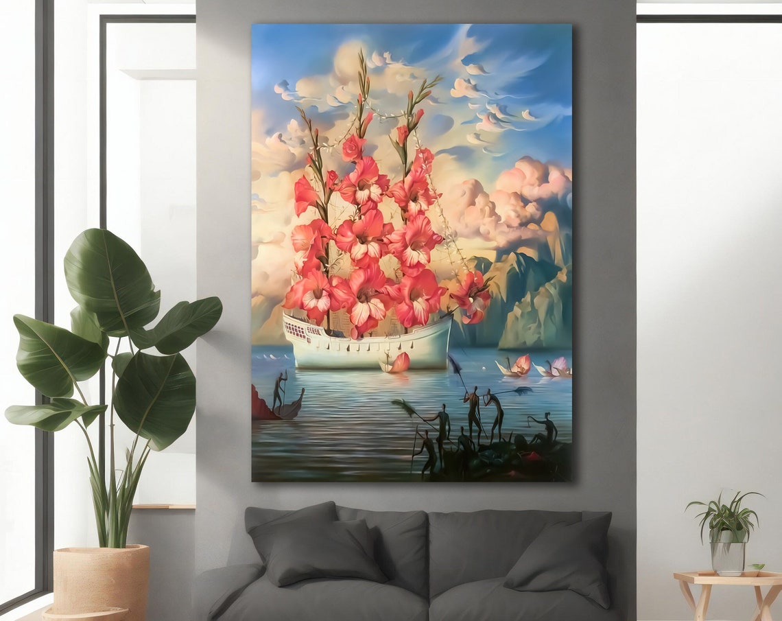 Flower Ship Pink Gladiolus Sails Surreal Ocean Voyage Art Poster Print