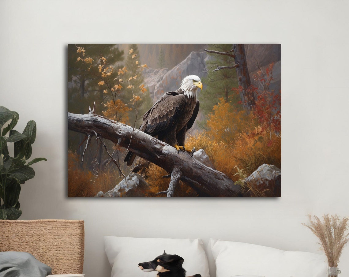 Bald Eagle Perched Fallen Log Autumn Forest Golden Foliage Poster