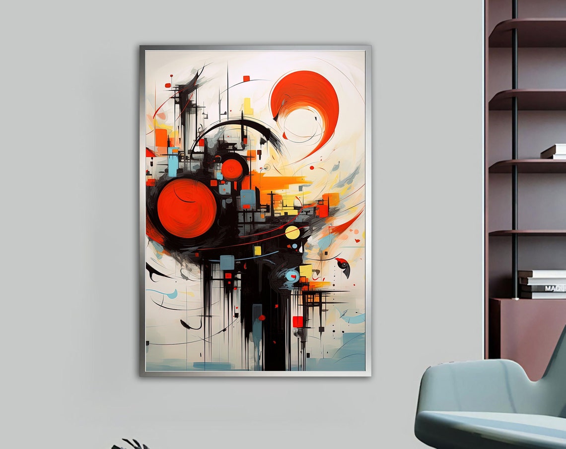 Abstract Black Line Art Red Circles Modern Urban Sketch Wall Art
