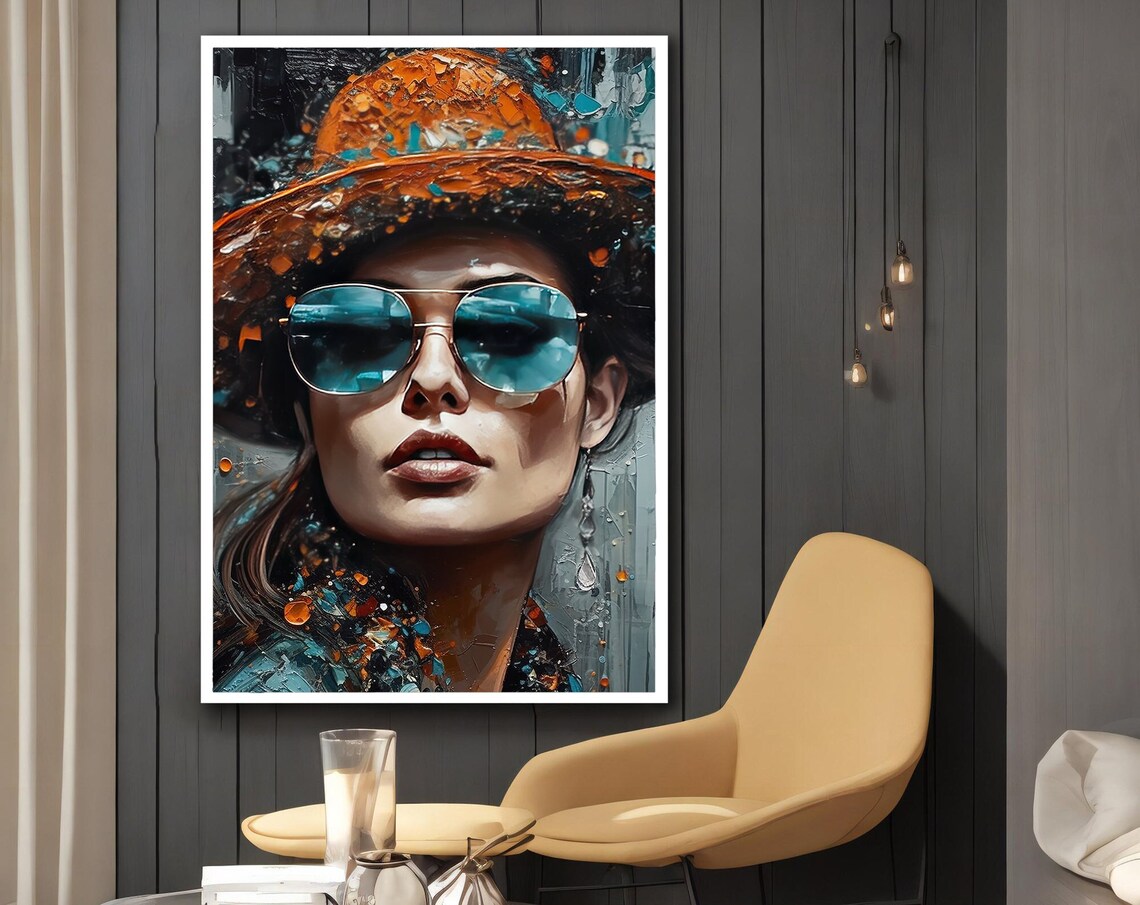 Woman with Sunglasses Hat Orange Blue Splash Portrait Art Poster