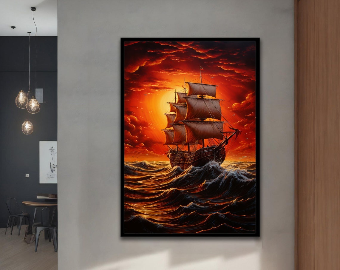 Tall Ship Glowing Sunset Behind Billowing Sails Ocean Waves Poster - Image 4