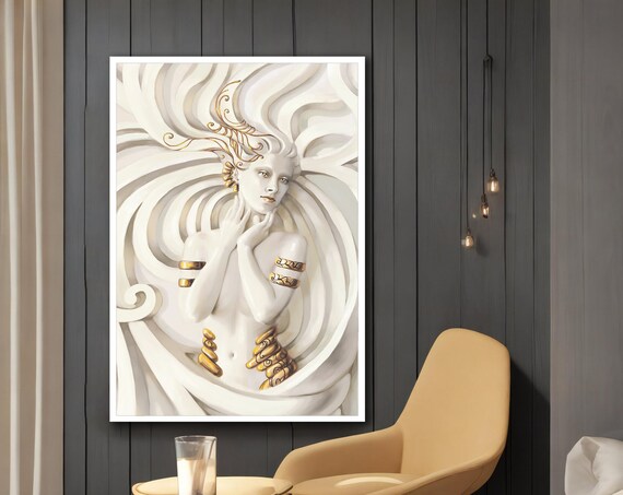 White Marble Goddess Gold Jewelry Elegant Figurative Modern Wall Art Print
