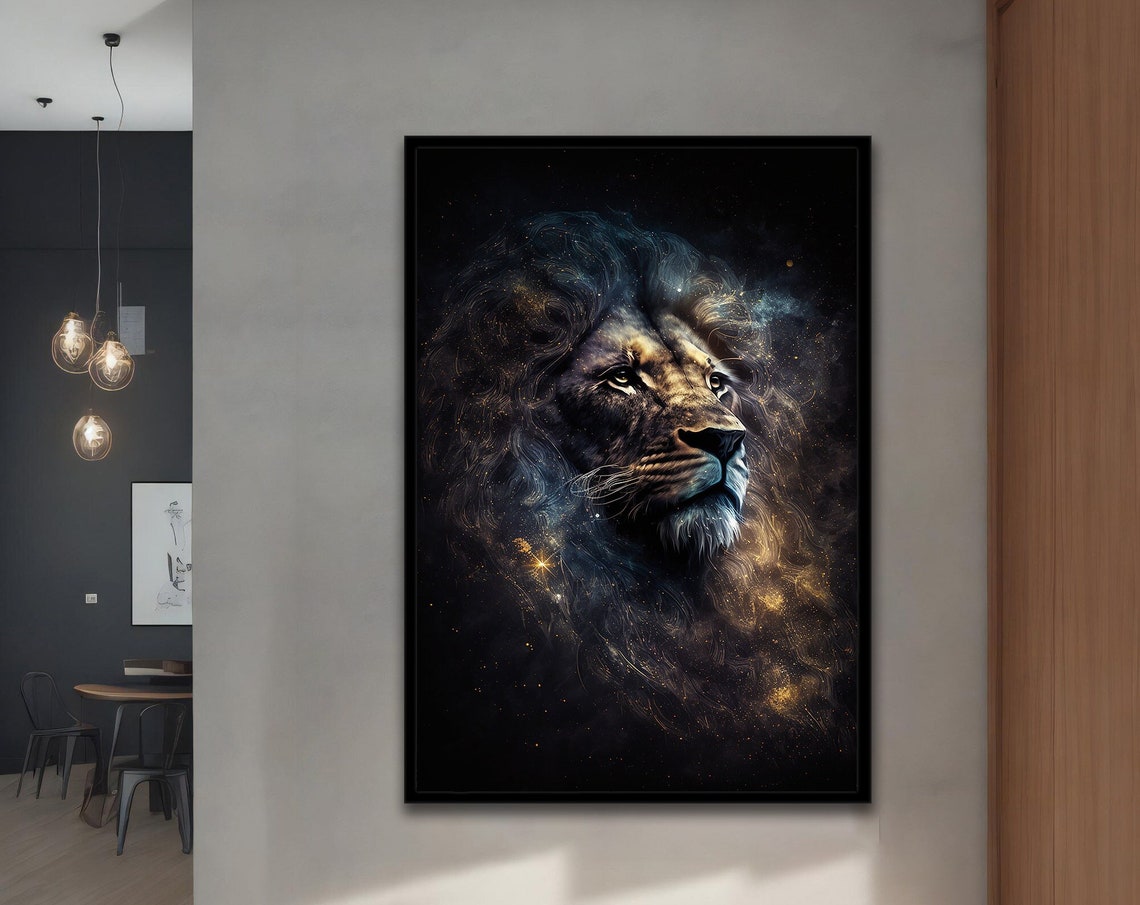 Majestic Lion Head Cosmic Galaxy Stars Dark Elegant Art Poster