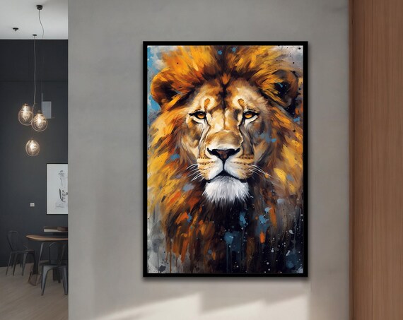 Colorful Lion Face Watercolor Orange Blue Paint Splashes Poster