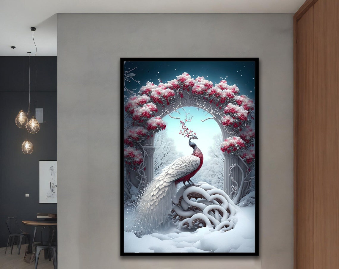 White Peacock In Snow Winter Arch Cherry Blossom Magic Poster