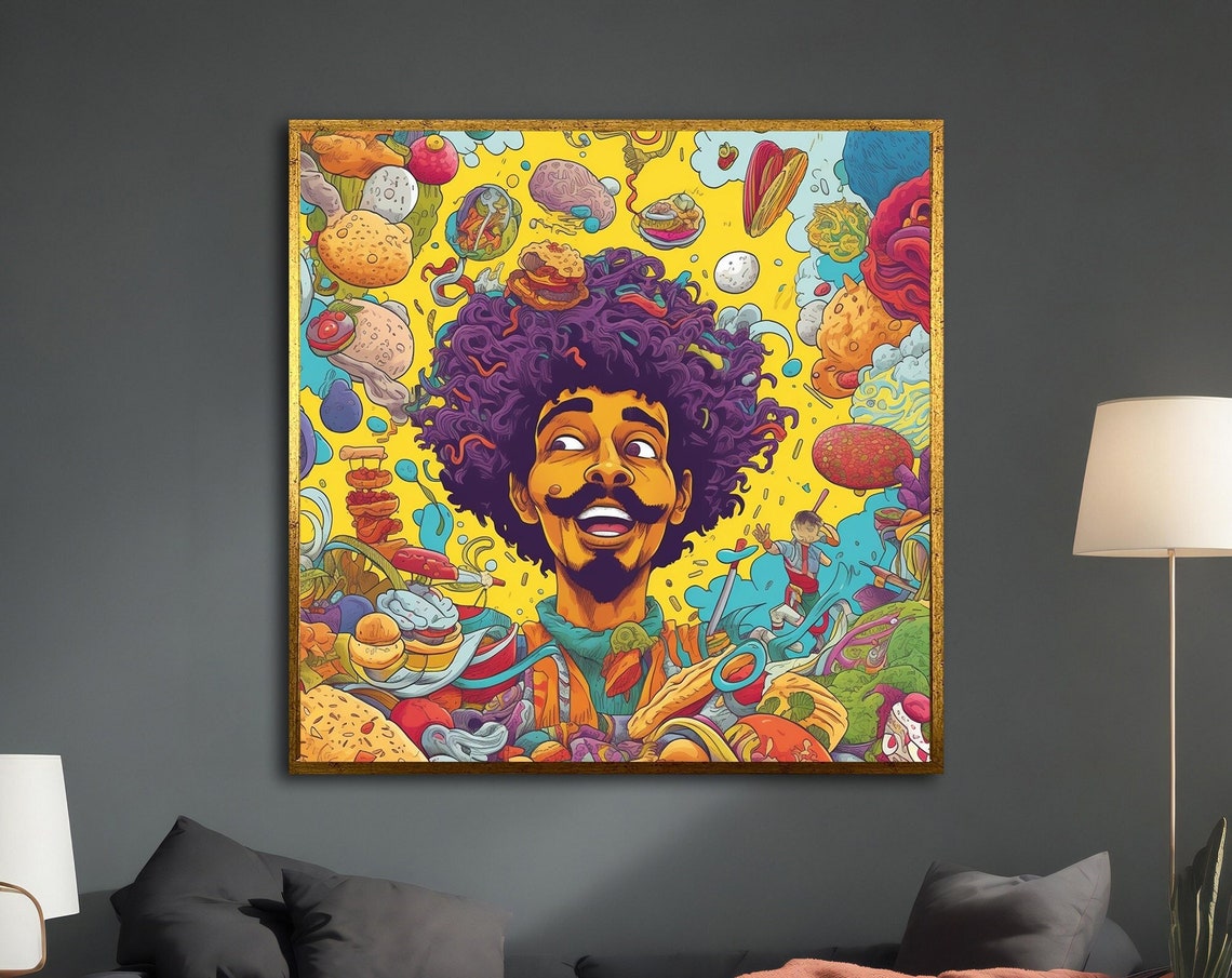 Cheerful Man With Purple Afro Psychedelic Doodle Food Pop Art Poster