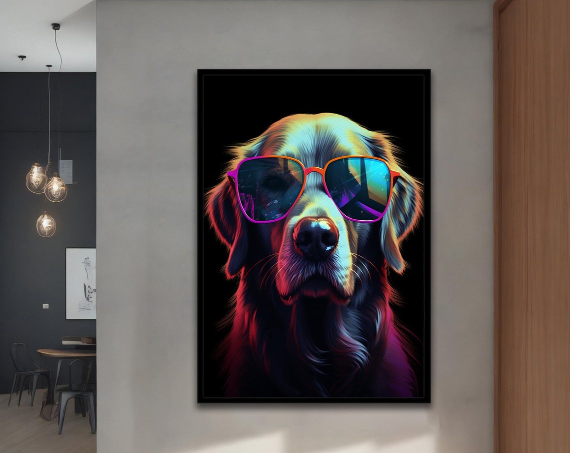 Cool Golden Retriever Neon Sunglasses Pop Art Funny Dog Poster