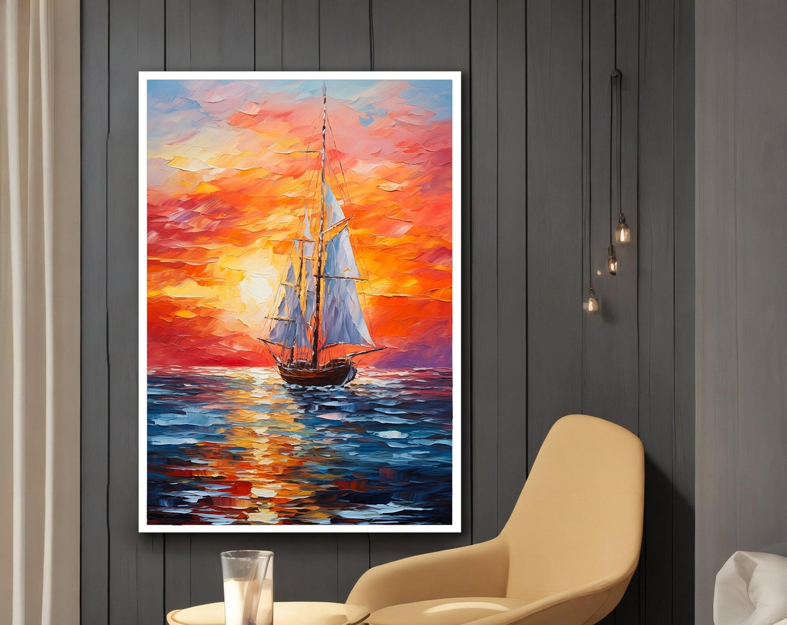 White Sailboat Blazing Orange Sunset Sky Ocean Waves Oil Art Poster