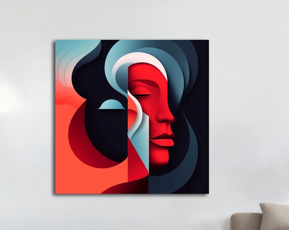 Abstract Red Black Faces Minimalist Curves Modern Portrait Art Poster