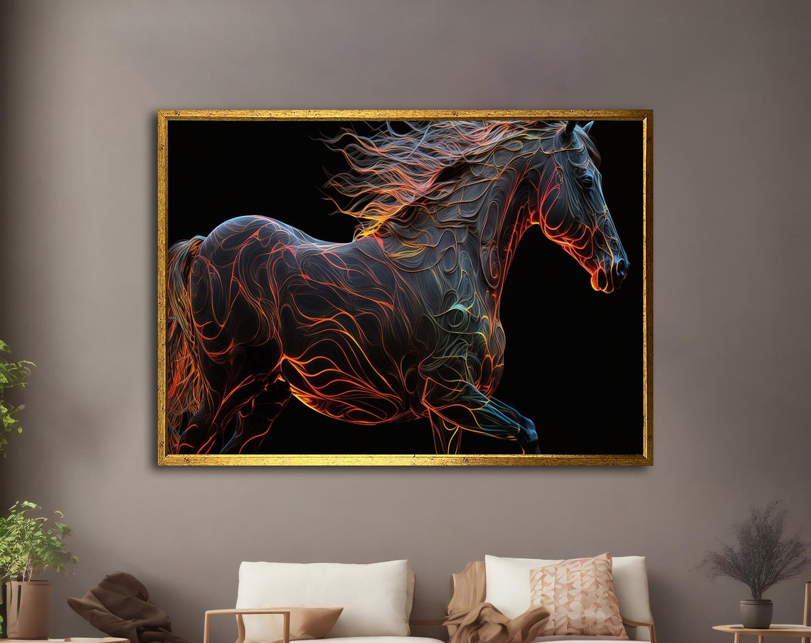 Black Horse Galloping Neon Orange Line Patterns Dark Background Poster