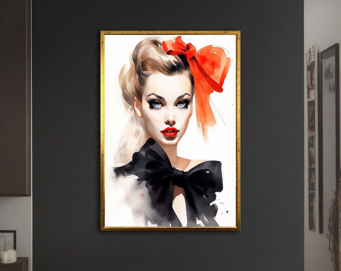 Woman with Red Bow Watercolor Portrait Elegant Fashion Art Poster