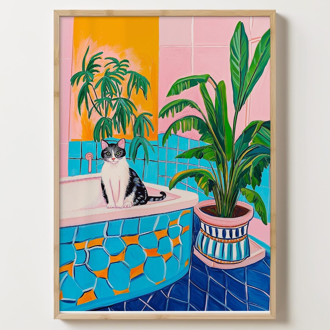 Black And White Cat On A Turquoise Mosaic Bathtub Pastel Art Poster