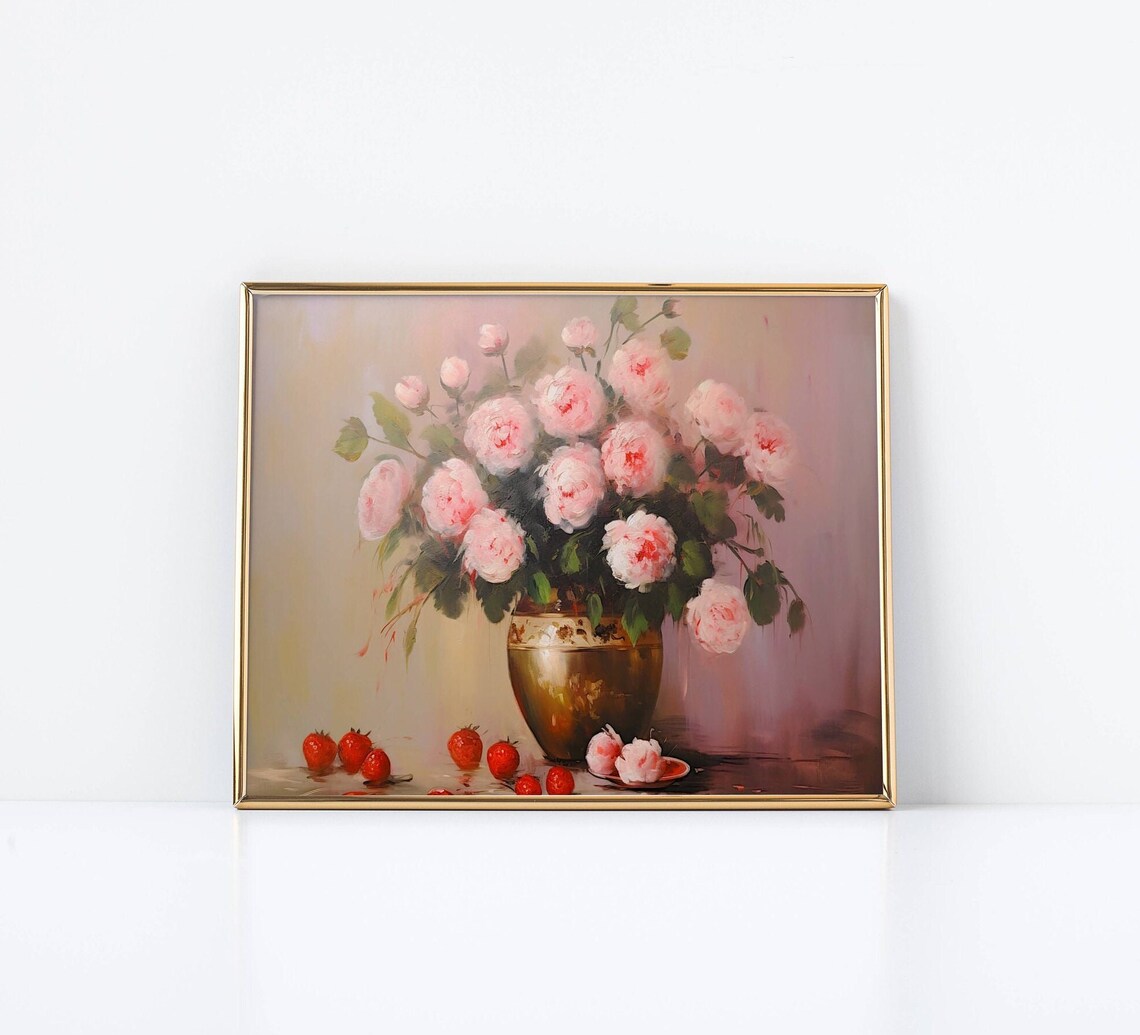 Pink Roses Gold Vase Strawberries Still Life Painting Poster - Image 2
