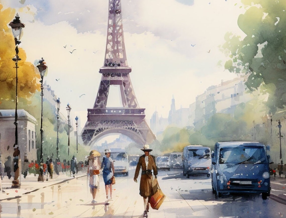 Eiffel Tower Autumn Rain Watercolor Paris Street Scene Poster - Image 2