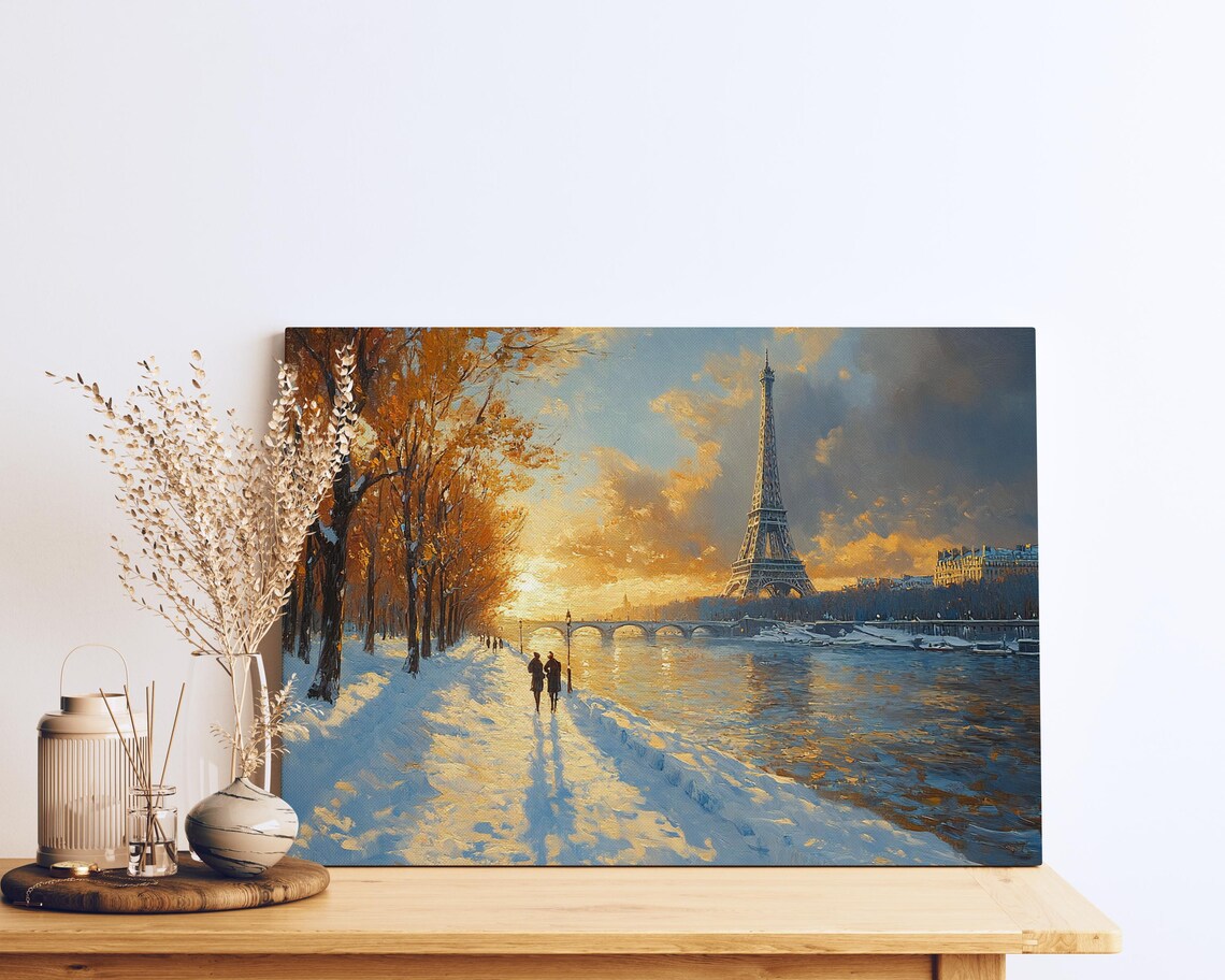 Seine Riverbank Sunset Winter Eiffel Tower Paris Golden Poster - Image 3