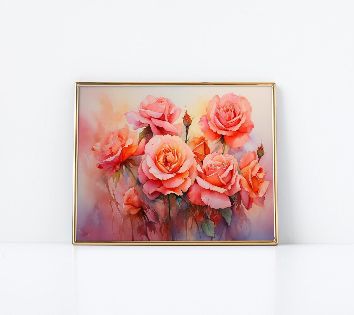 Coral Peach Roses Watercolor Soft Floral Still Life Art Poster - Image 3