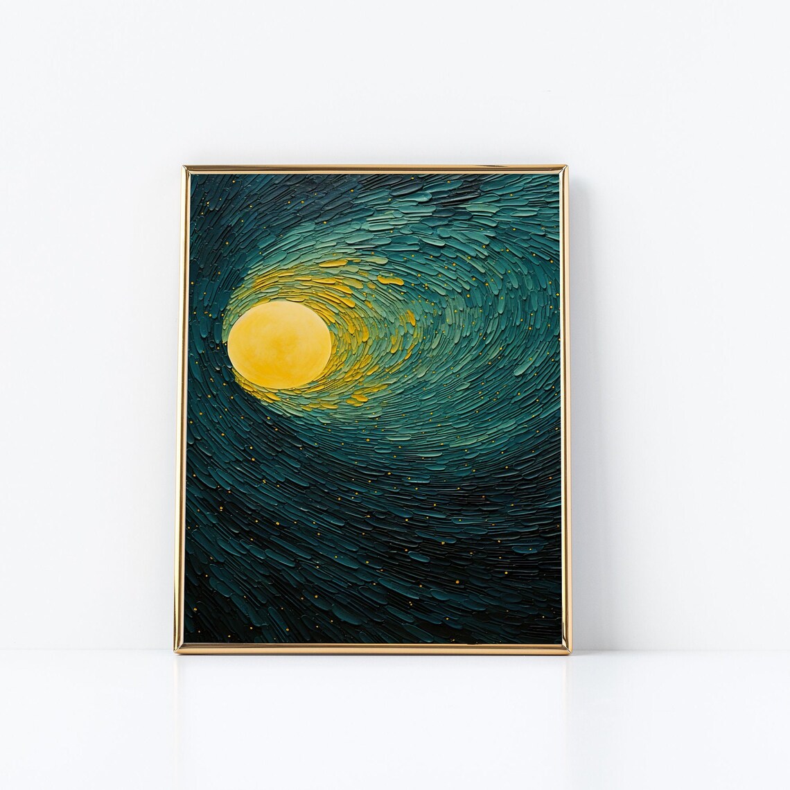 Golden Moon Over Night Water Painting Dark Teal Swirl Poster - Image 3