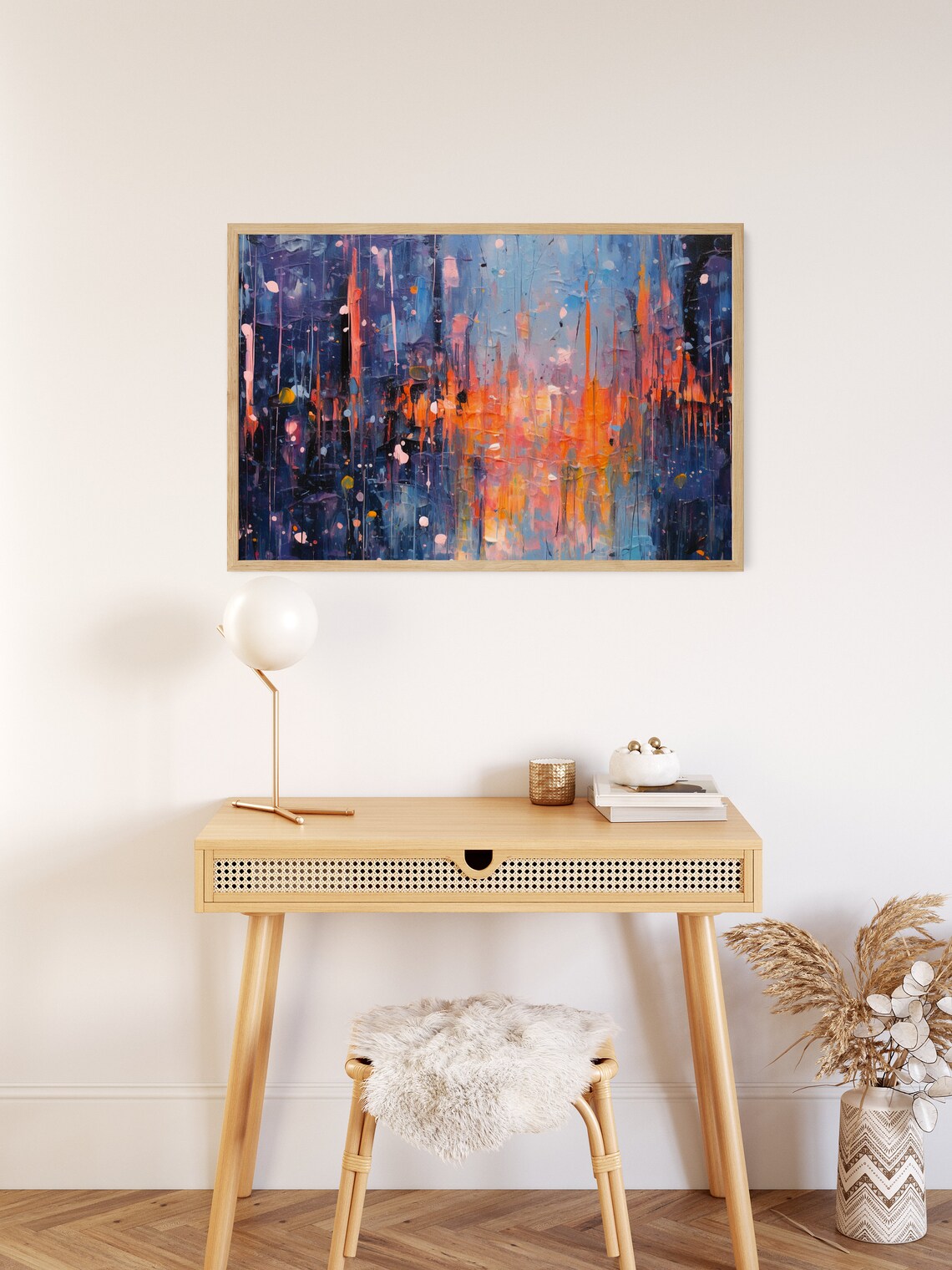 Abstract Palette Knife Painting Indigo Blue Coral Orange Dots Poster - Image 2