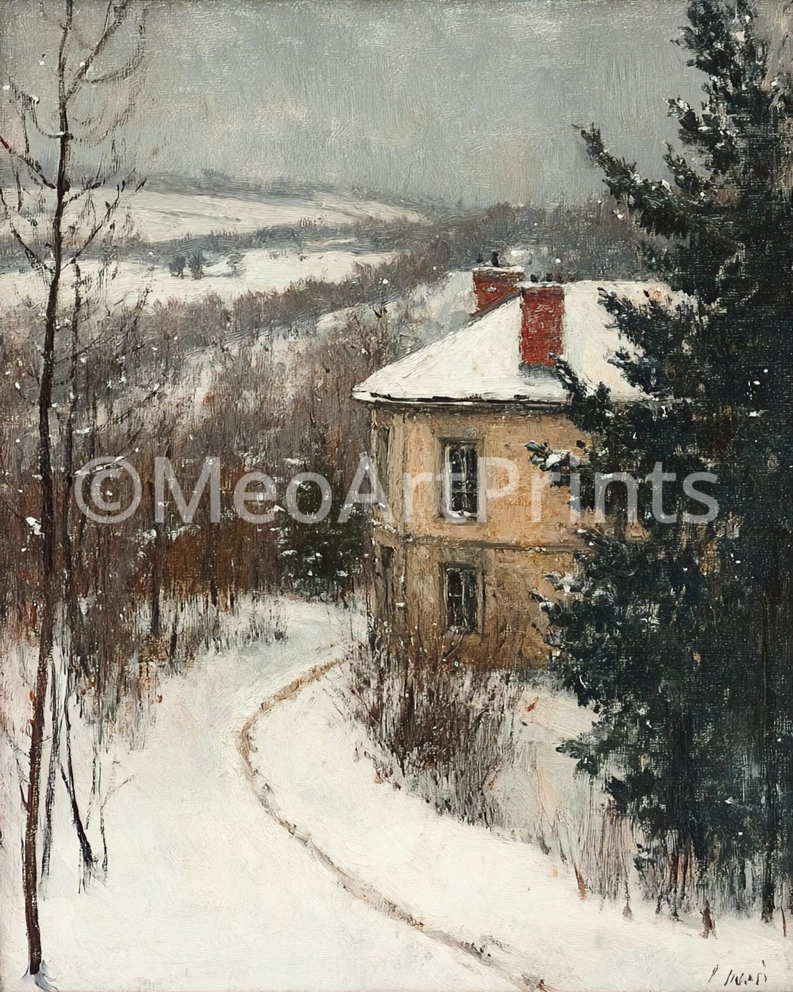 Oil Painting Of Country Manor Winter Hillside Path Solitary House Scene French Countryside Art Wall Art - Image 2