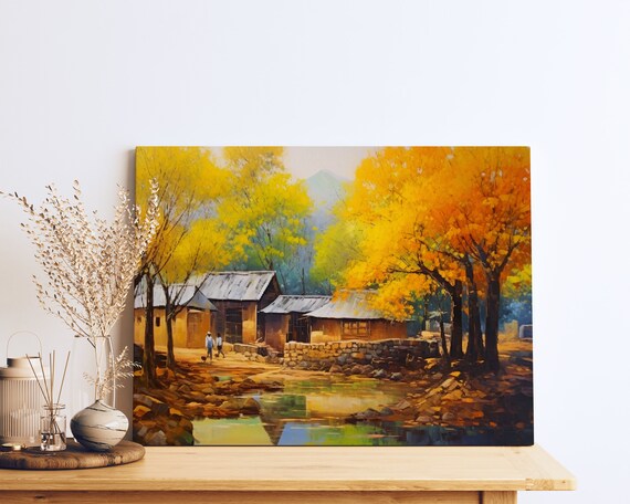 Commissioned Village Scene In Yellow Harmony With Nature Dansaekhwa Inspired Angura Kei Style Art Thick Textured Painting